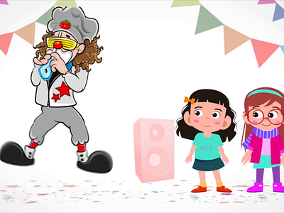 Short animation of a clown that surprises girls for birthday 2d 2d animation after effects animated logo animation birthday character character design clown design happy icon animation illustration kids logo animation mograph morphing motion graphics party vector