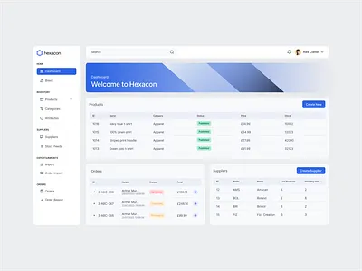 Hexacon | Dashboard blue collabify dashboard dropdown e commerce ecom fashion interface light minimal overview products sidebar systems ui ux