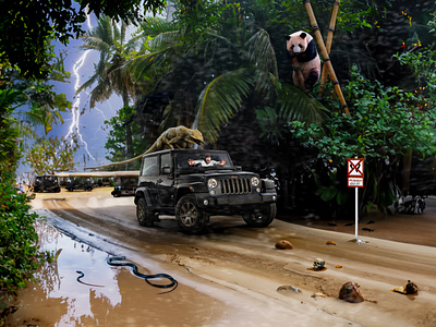 Escape the Unknown: One Man, His Jeep, and a Panda in the Storm. abstract ai animal artwork brand identity clean composition design flat graphic design illustration landing minimal panda photography photoshop photoshop ai simple vector web