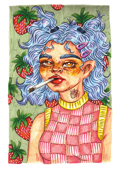 Strawberry Summer art artist artwork berry brushpen character design drawing fineliner freckles fruit gelpen illustration illustrator ink pen portrait strawberry summer tattoo