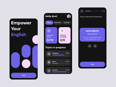 English Learning App app app design design e lern education english english app grammar interaction language learning learning app mobile app translation ui ux words