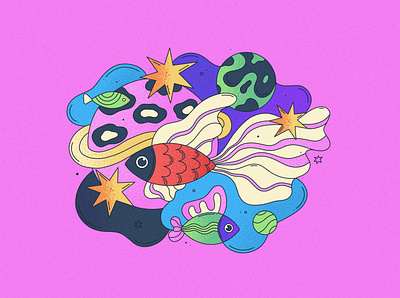 Interstellar Fish bright character colorful design fish fun funny galactic illustration magic outline pink planets psychedelic space stars stroke surreal underwater life vector