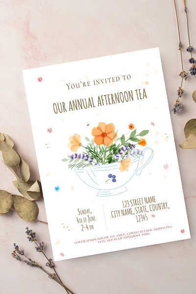 Invitation card in watercolor paints 5 oclock tea cup with flowers invitation invitation card invitation card design invitation in watercolor lavander pastel flowers poster tea cup tea party watercolor flowers