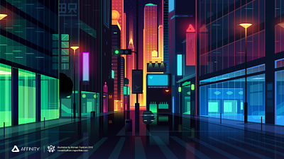 Affinity designer header affinity alley ambiance app apple city cityscape heroimage illustration light neon night reflexions software tech technology tuto vector web wip