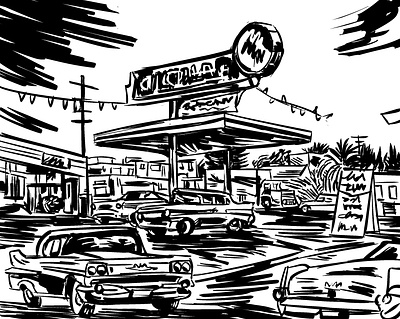 Abandoned City blackandwhite digital ink drawing old cars sketch