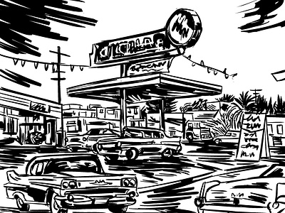 Abandoned City blackandwhite digital ink drawing old cars sketch