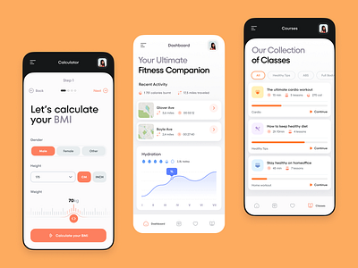 Ultimate Fitness Companion app design cardio chart classes courses design fitness graphic design health help mobile design modern orange running system design ui ui design workout