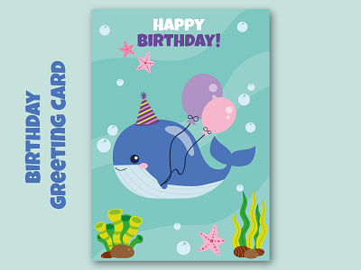Summer Birthday greeting card adventure balloons colors fish food happy hat hot illustration water