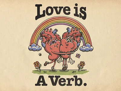 Love is a verb. 70s illustration anatomical heart character illustration flowers hearts hug illustration love pride procreate illustration rainbow retro illustration