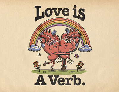 Love is a verb. 70s illustration anatomical heart character illustration flowers hearts hug illustration love pride procreate illustration rainbow retro illustration