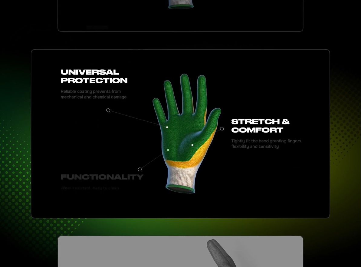 Down to a Thread: Impeccable 3D for Glove Maker Bronitex 3d animation b2b black blender branding cg cgi ecom ecommerce graphic design green illustration motion graphics page store vector web page webdesign website
