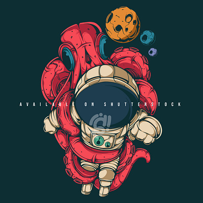 ASTRONAUT AND RED OCTOPUS IN THE SPACE animal apparel art astronaut character clothing design doodle fashion illustration octopus planet space vector