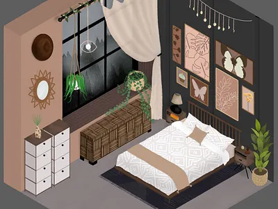 Isometric Bedroom Illustration boho cozy floral illustration isometric nature room
