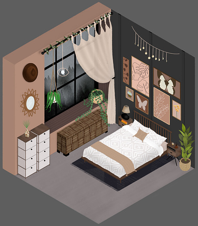 Isometric Bedroom Illustration boho cozy floral illustration isometric nature room