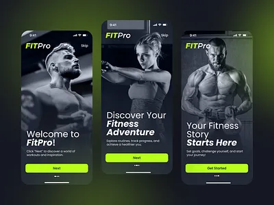 FitPro: Onboarding screens for a Gym App action branding concept creative design energetic fitpro gym kavizo mobile app neu brutalism onboarding ui uiux design ux