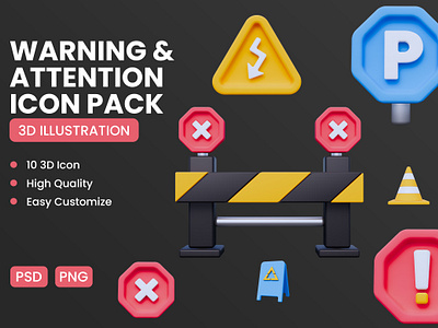 WARNING 3D ICON PACK 3d icon 3d object 3d render warning icon