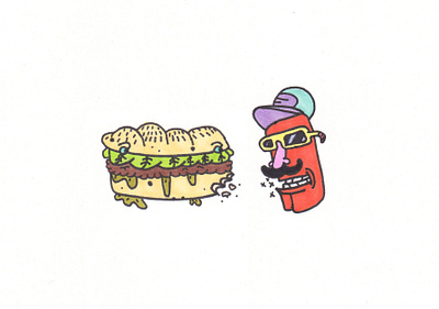 Mystery man bite cartoon character disguise eat eating food glasses hat lettuce markers messy mustache mystery restaurant sammie sandwich sub sub sandwich sunglasses