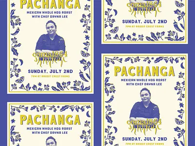 Pachanga At The Farm bbq border farm fiesta food greenville hand drawn handmade illustration mexican modern party pattern pig poster printmaking riso risograph two tone whole hog