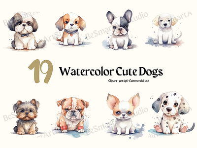 Watercolor Cute Dogs commercial use graphic design
