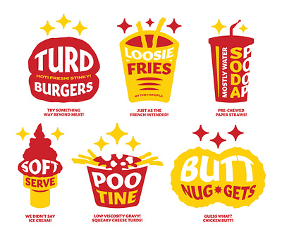 turd burgers® fast food warehouse and drive-thru car wash branding burgers fast food french fries hilarious illustration logo poo poop poutine turd