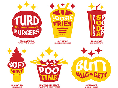 turd burgers® fast food warehouse and drive-thru car wash branding burgers fast food french fries hilarious illustration logo poo poop poutine turd