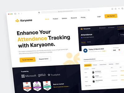 Karyaone - HR Attendance Hero Section animation attendance company compliance component dashboard employee hero section hr human resource interaction design management monitoring motion payroll product saas schedule timesheet tracking