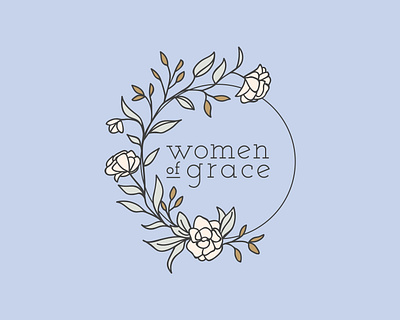Women's Ministry Branding and Logo Design blue branding christian church graphics circle cream design floral foliage grace graphic design illustration line drawing logo ministry periwinkle typography vector women wreath