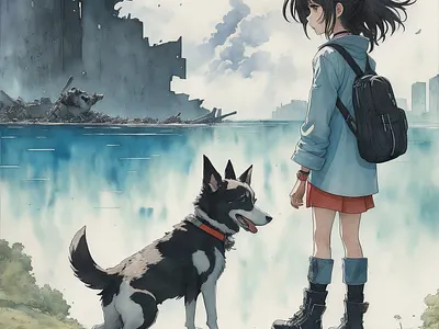 cute girl with dog beside river