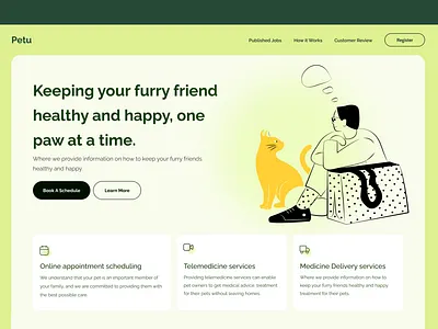 Petu-Pet Care Website Design branding clean design design hellodribbble landing page landing page design landing page ui medicare minimal one page website pet pet care ui