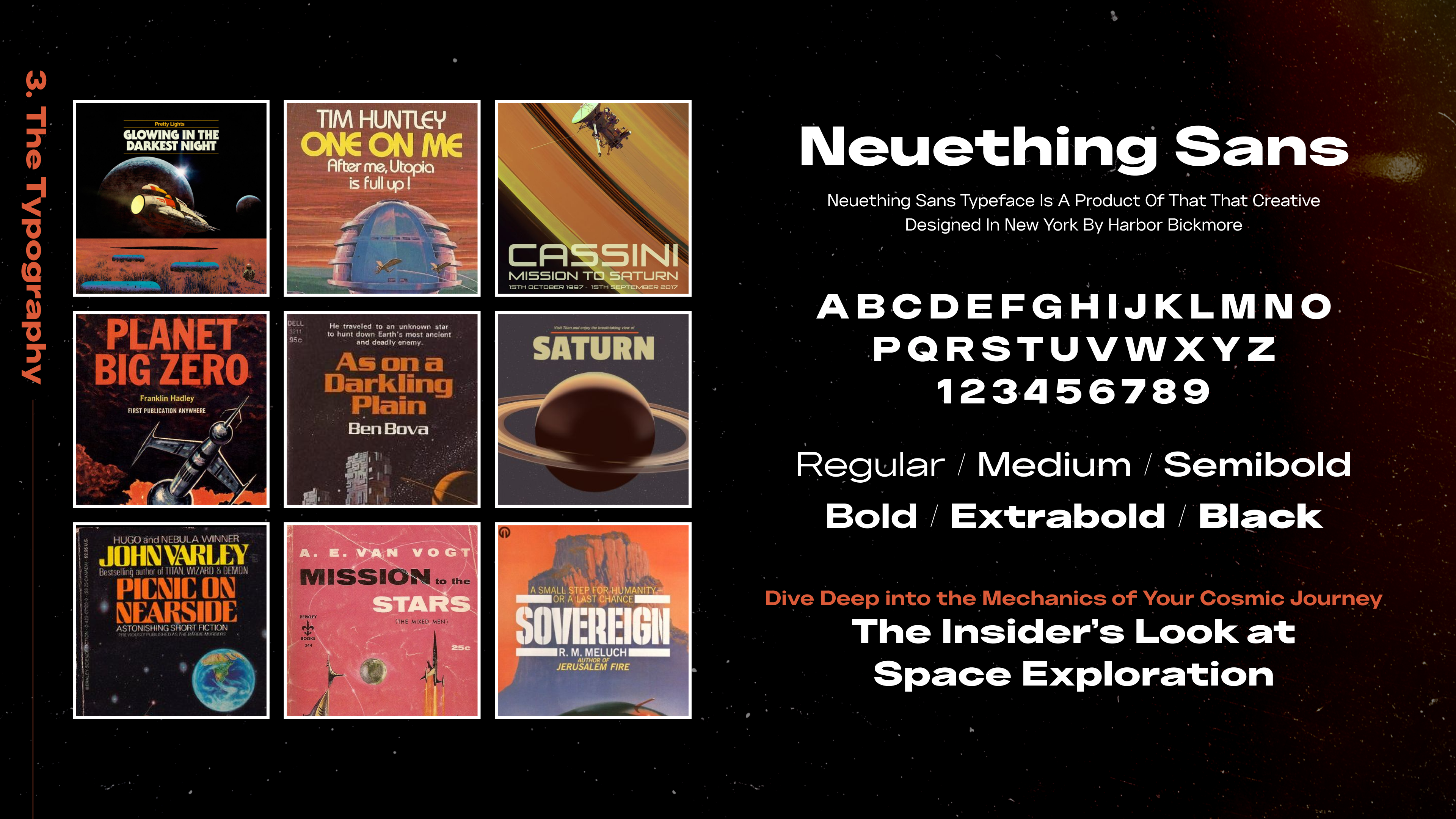 1970s book covers mood board on left, Neuethings Sans font display on right