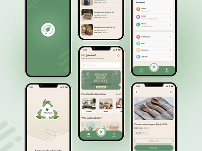 Eco Friendly Product App app clean design eco environment gereen home minimal mobile nature product page profile recycle spalsh ui uiux ux waste wooden product