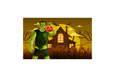 Green Frankenstein Hold Halloween Pumpkin costume