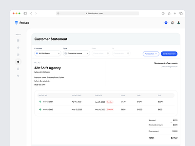 Money Management Saas - Customer Statement page bills cloud app customer data finance app finance tracker financial management fintech invoices minimal ui saas saas product software statement table ui uiux ux design web app web software