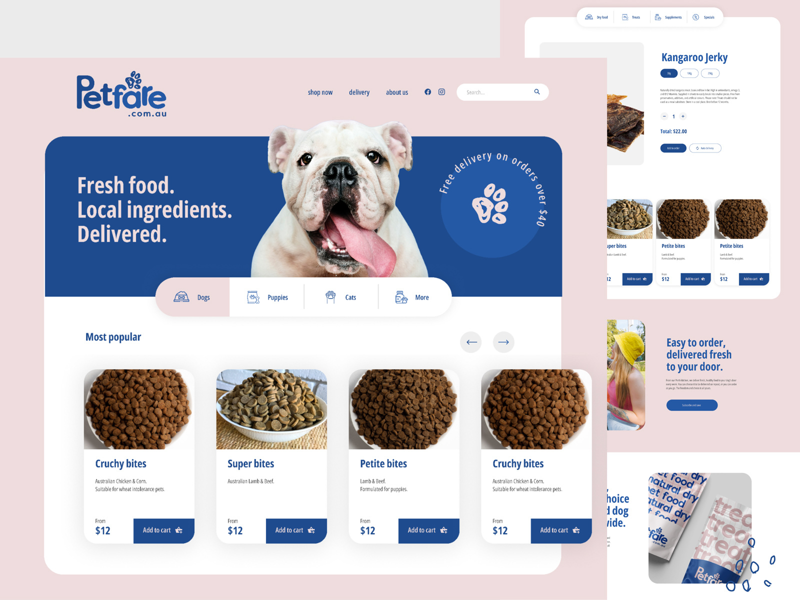 Pet fare - Branding and eCommerce australia branding dog food dogs ecommerce healthy dog food homepage landing page logo packaging pet pet food subscription ui ui design ux design uxui webdesign wordpress