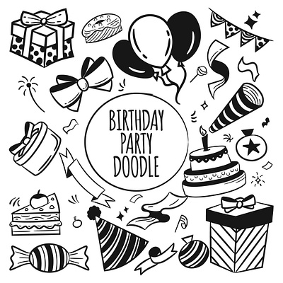 Birthday Party Doodles birthday birthday doodle birthday illustration birthday party cartooning doodle art free download free illustration free vector freebie illustration illustrator sketch vector vector design vector download