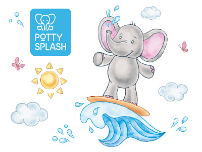 Brand character - products for kids child drawing elephant illustration kid logo surfing water watercolor
