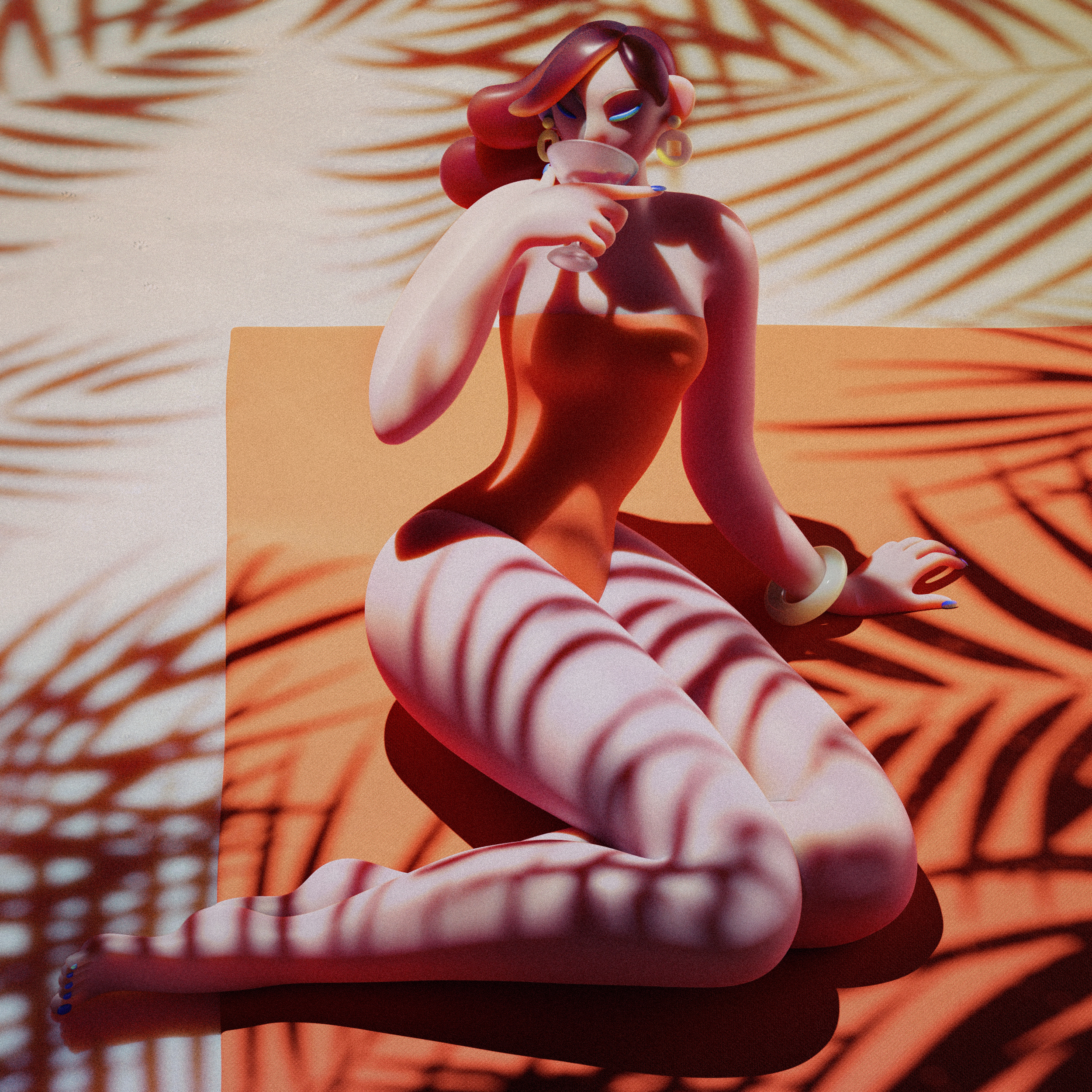 Cocktail at the Beach 3d 3d character 3d girl 3d illustration 3d woman beach blender cgi cocktail design digital art girl illustration palm render shadow summer