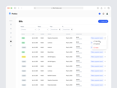 Money Management Saas - Bills page accounting software app design bill bills create bill customer data data visualisation finance software money saas saas product ui uiux ux ux design vendors web app web design web platform