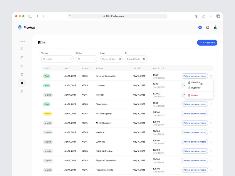 Money Management Saas - Bills page accounting software app design bill bills create bill customer data data visualisation finance software money saas saas product ui uiux ux ux design vendors web app web design web platform