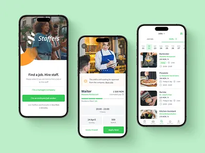 Staffers - Mobile app for Job Platform app app design clean design figma green interface job platform job portal job position job search list listing mobile app staff ui user experience user interface ux work