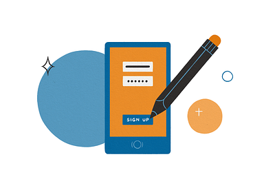 Sign up black blue digital illustration form illustration instructional orange pen sign up smartphone website illustration