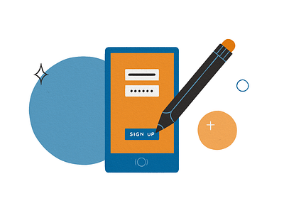 Sign up black blue digital illustration form illustration instructional orange pen sign up smartphone website illustration