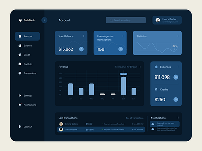 SafeBank - Banking Web App (dark mode) app application concept darkmode dashboard design fintech hero section ui ux