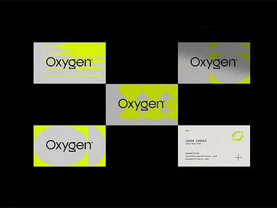 Oxygen Fitness Business Cards abstract branding business card dallas design fitness freelance freelancer geometric graphic design icon logo mark mockup neon set vector work out yellow