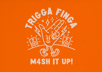 TRIGGA FINGA M4SH IT UP! badge badge design bold character creative design drum and bass fun illustration lightning line drawing line work lockup mascot music quirky sketch speakers typography