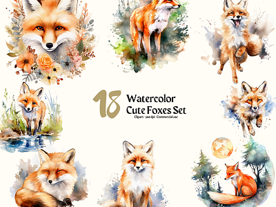 Watercolor Cute Foxes ai files commercial use png watercolor cute foxes