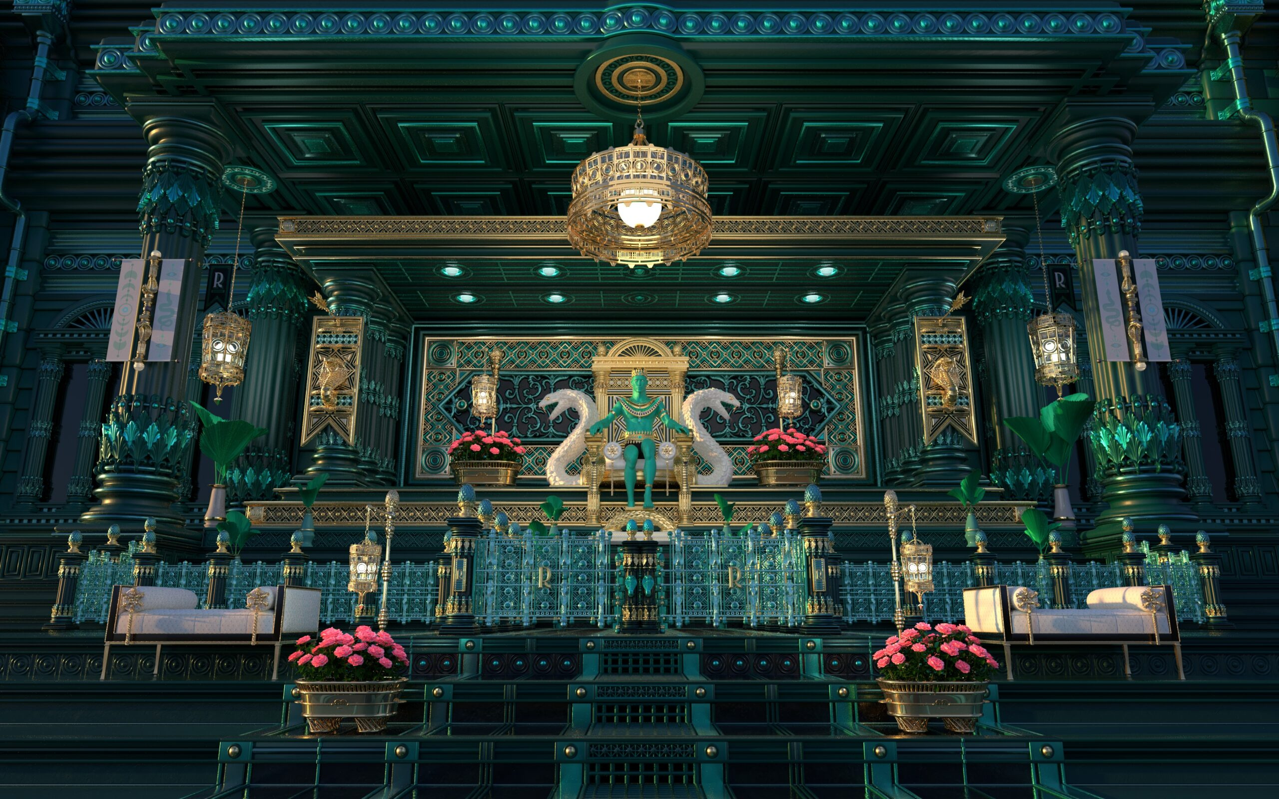 The Republic - ( Thrown ) 3d architecture artdirector artist c4d chanderlier cinema 4 d columns design emperor flags flowers king lights modeling republic roses snake temple thrown