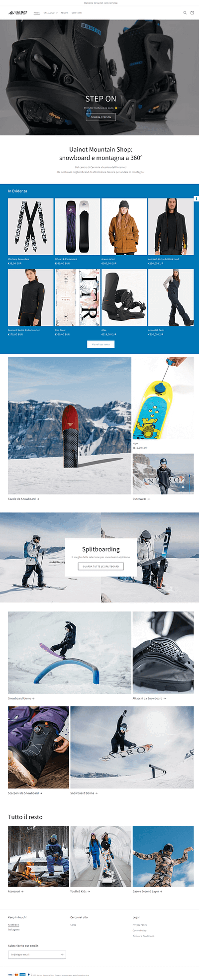 Ecommerce website for a snowboard and mountain equipment shop. graphic design shopify ui ux web design