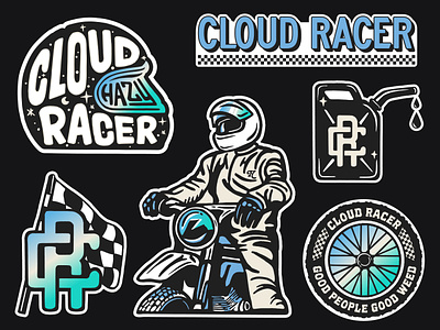 Cloud Racer - Sticker Pack badge branding ca california cannabis gas graphic helmet illustration la lockup logo los angeles motorcycle racing sticker tire vector weed
