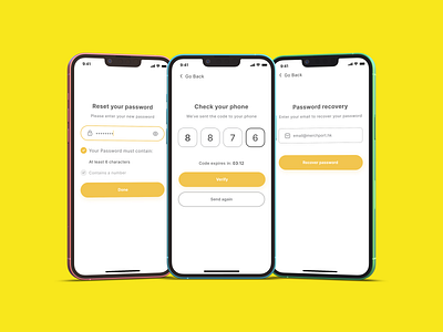 Mobile app reset/change password, recovery password & OTP Screen app app designer app developer app ui change password design designer developer figma fiverr forget password otp recovery password reset password ui ux verification website designer website developer yellow